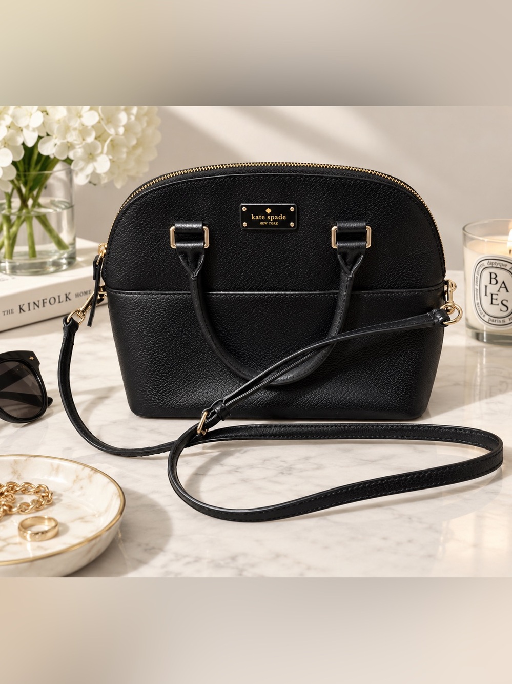 kate spade new york black pebbled leather dome satchel crossbody bag